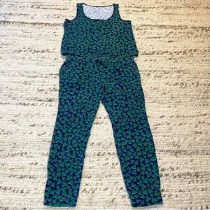 Anthropologie Heart Print Tank & Jogger Pants Pajama Set in Green & Navy, Small